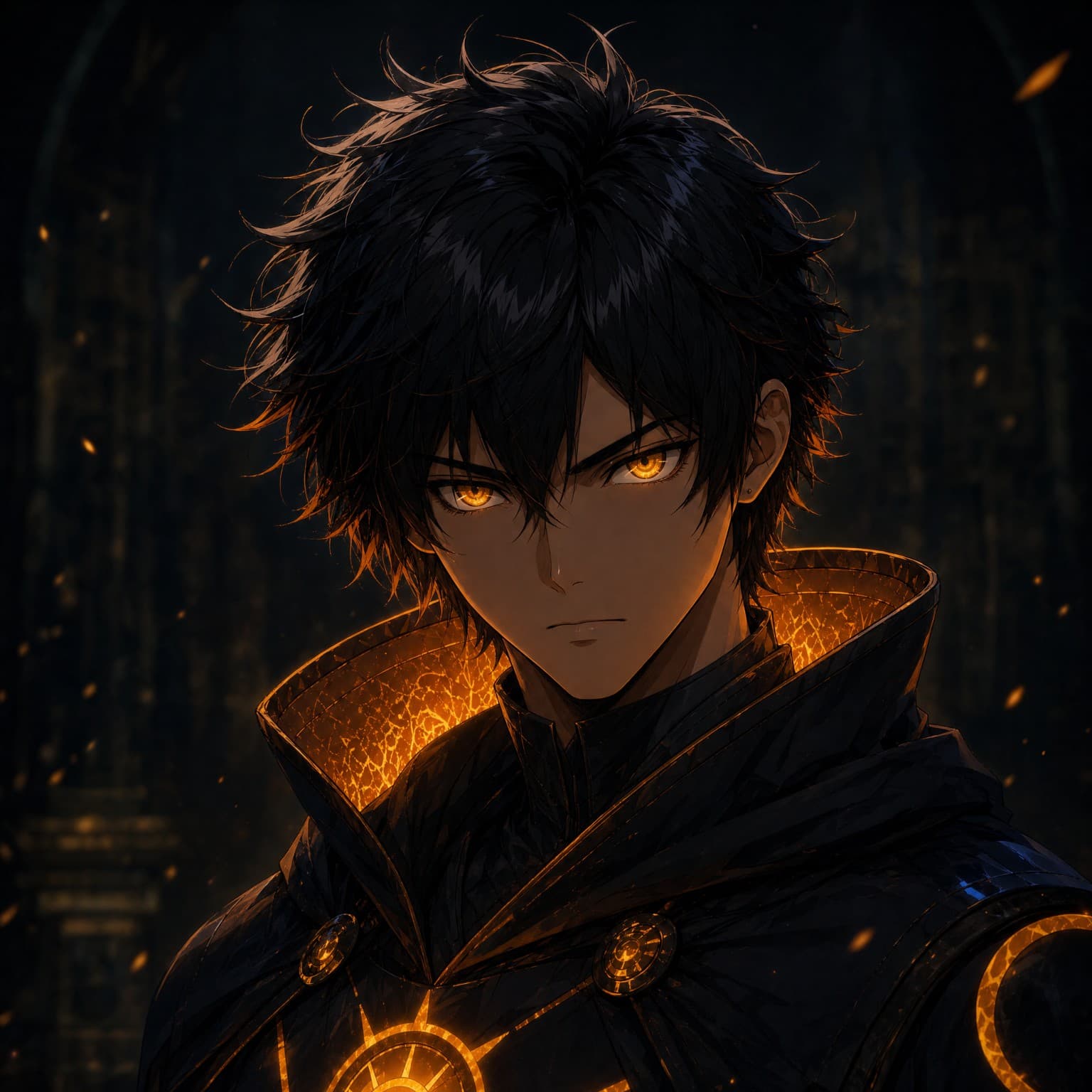 Ren’ō Kagenami with dark hair, glowing golden eyes, and a black mantle illuminated by golden-orange light