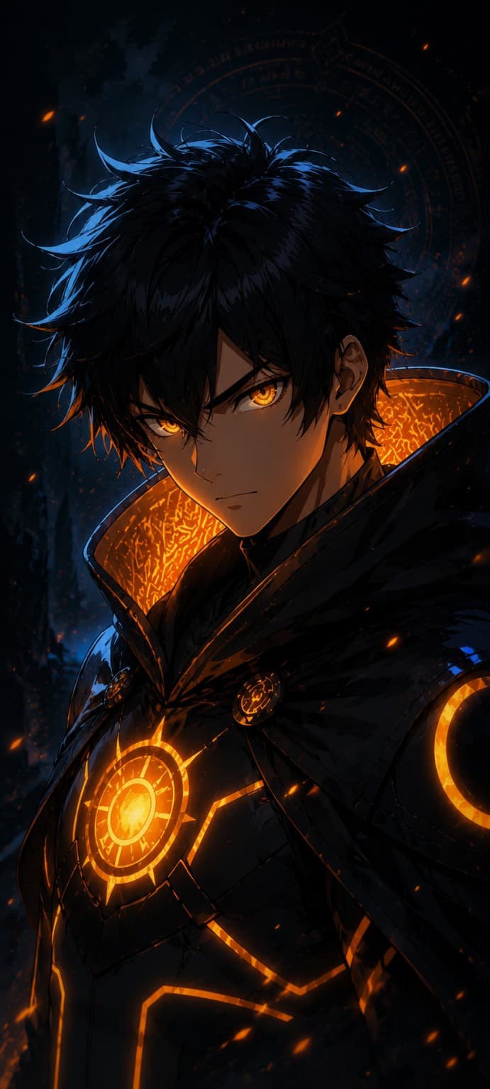 Ren’ō Kagenami, a dark-haired figure wearing black armor illuminated by golden-orange energy