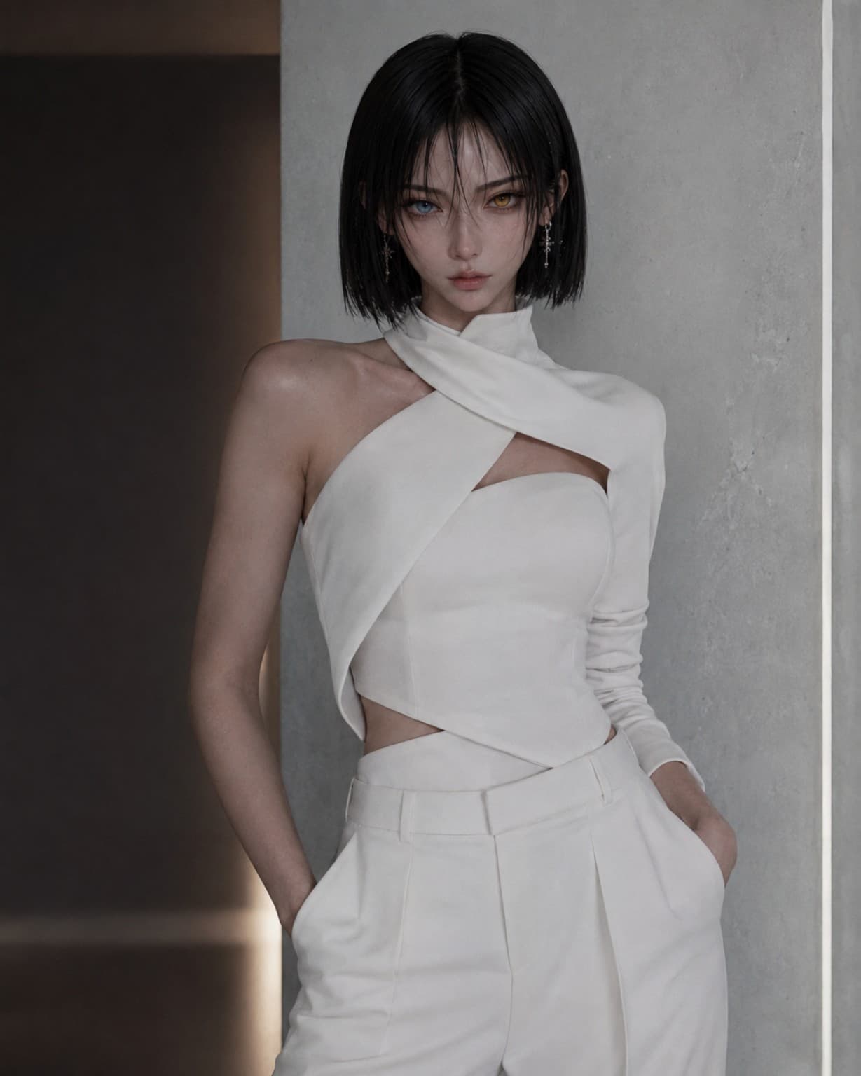 VEXA in a modern white editorial outfit